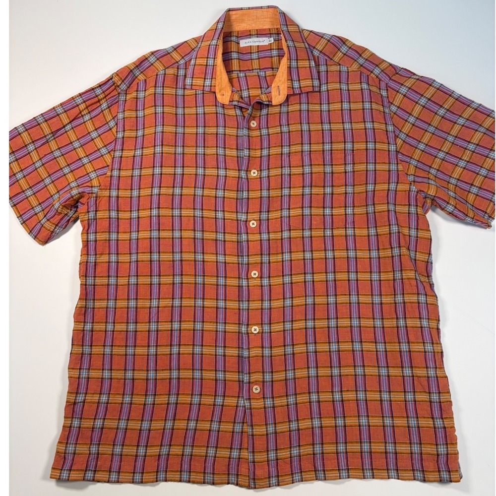 Alex Cannon Mens XL Linen Plaid Button Up Shirt Orange Purple Boho Minimalist